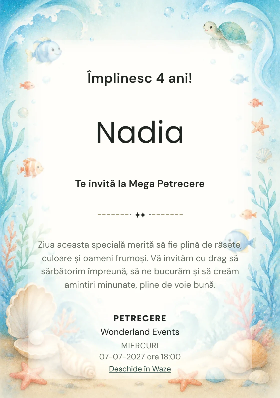 Invitație digitală Ocean Junior pentru ziua de naștere a copiilor, cu peștișori, valuri, scoici și coral pal.