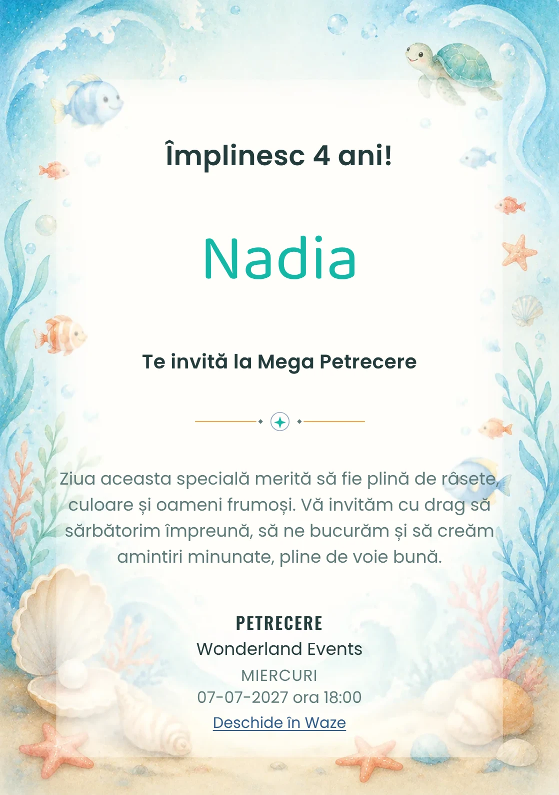 Invitație digitală Ocean Junior pentru ziua de naștere a copiilor, cu peștișori, valuri, scoici și coral pal.