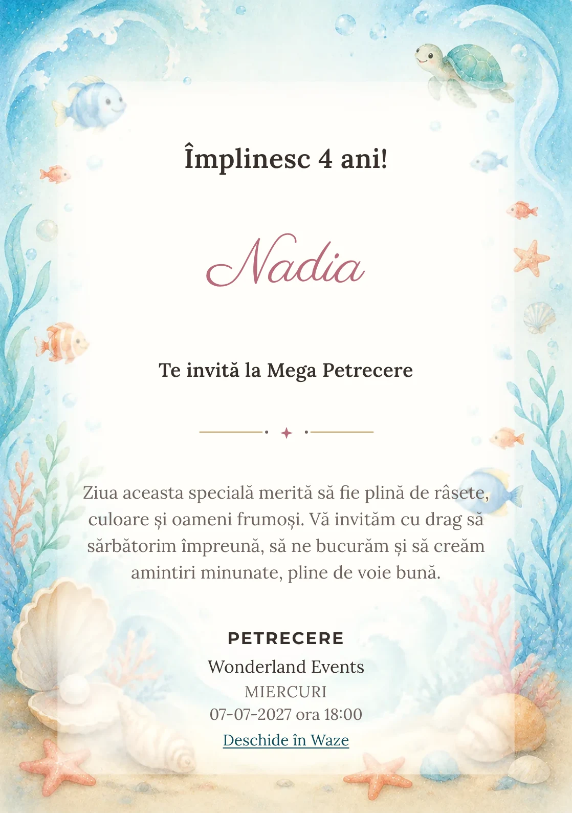 Invitație digitală Ocean Junior pentru ziua de naștere a copiilor, cu peștișori, valuri, scoici și coral pal.