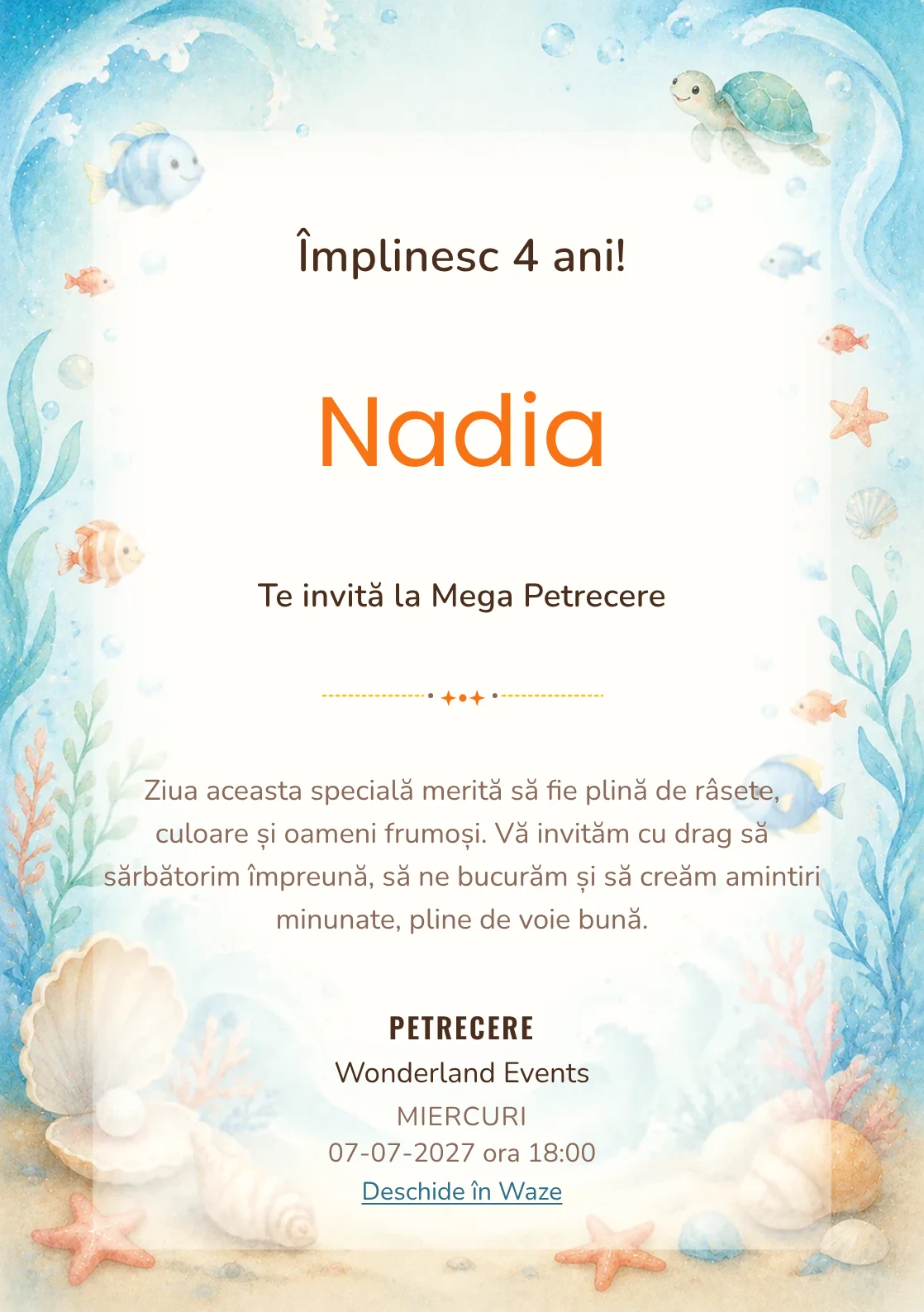 Invitație digitală Ocean Junior pentru ziua de naștere a copiilor, cu peștișori, valuri, scoici și coral pal.