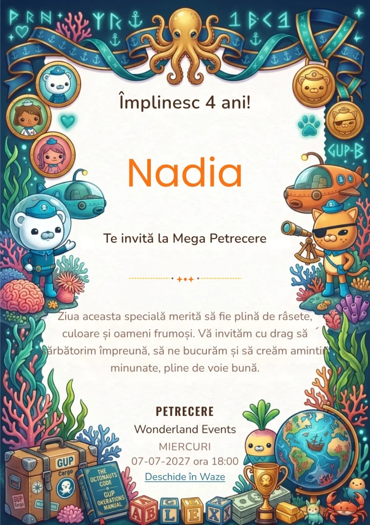 Invitație digitală Octonauts – Exploratorii Subacvatici pentru ziua de naștere a copiilor, cu o echipă de exploratori marini, animale, recif și instrumente subacvatice.