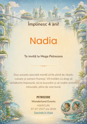 Orașul Viitorului – invitație aniversară pentru copii, cu un vehicul futurist cu formă ovală și doi pasageri stilizați.