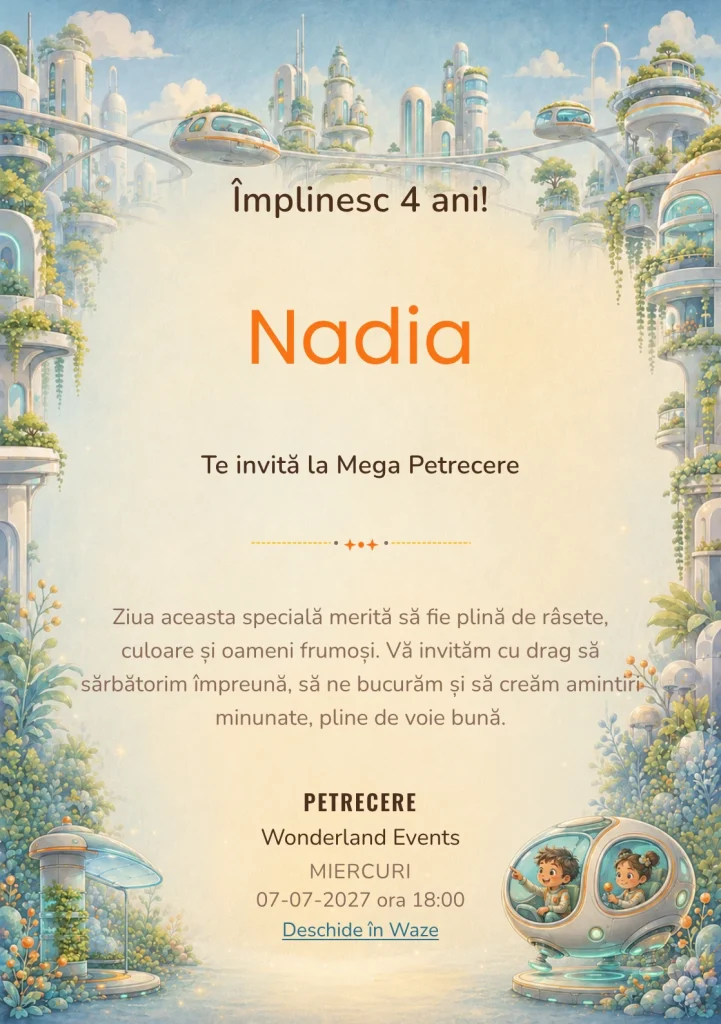 Orașul Viitorului – invitație aniversară pentru copii, cu un vehicul futurist cu formă ovală și doi pasageri stilizați.