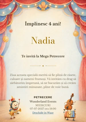 Orchestra Jucăriilor – invitație aniversară pentru copii, cu instrumente antropomorfe, fără personaje consacrate.