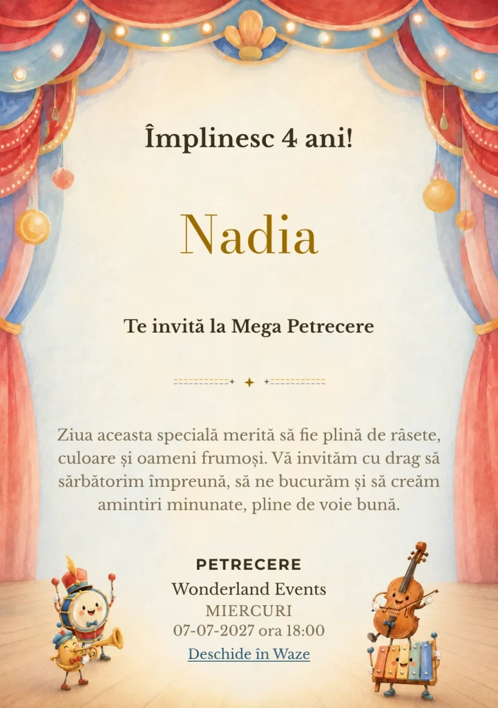 Orchestra Jucăriilor – invitație aniversară pentru copii, cu instrumente antropomorfe, fără personaje consacrate.
