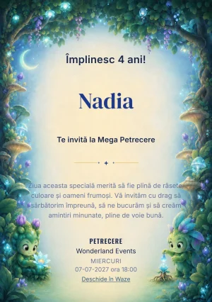 Pădurea Luminoasă – invitație aniversară pentru copii, cu două ființe cu forme vegetale și expresii prietenoase.