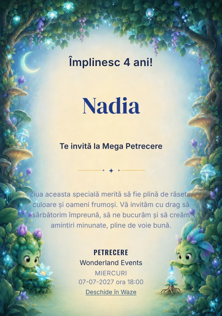 Pădurea Luminoasă – invitație aniversară pentru copii, cu două ființe cu forme vegetale și expresii prietenoase.