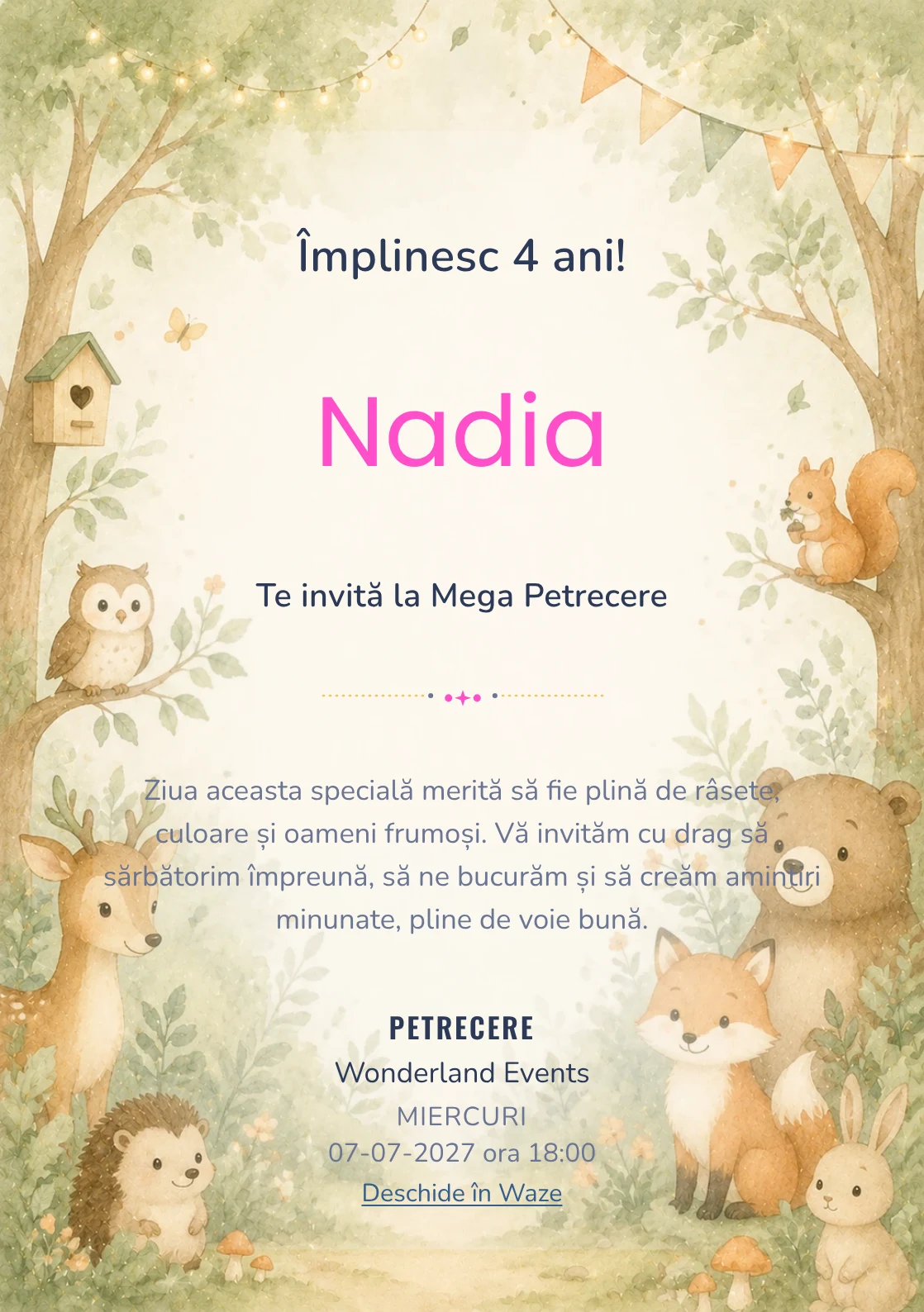 Pădurea Prietenilor – invitație aniversară pentru copii, cu animale blânde, copaci moi și verde salvie.