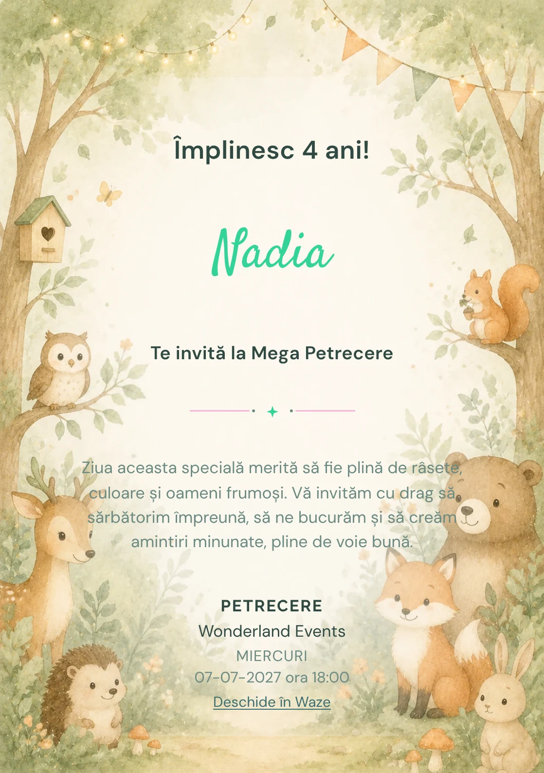 Pădurea Prietenilor – invitație aniversară pentru copii, cu animale blânde, copaci moi și verde salvie.