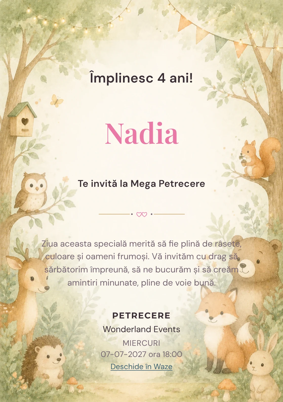 Pădurea Prietenilor – invitație aniversară pentru copii, cu animale blânde, copaci moi și verde salvie.