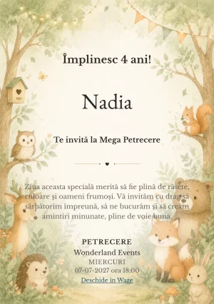Pădurea Prietenilor – invitație aniversară pentru copii, cu animale blânde, copaci moi și verde salvie.