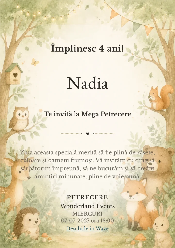 Pădurea Prietenilor – invitație aniversară pentru copii, cu animale blânde, copaci moi și verde salvie.