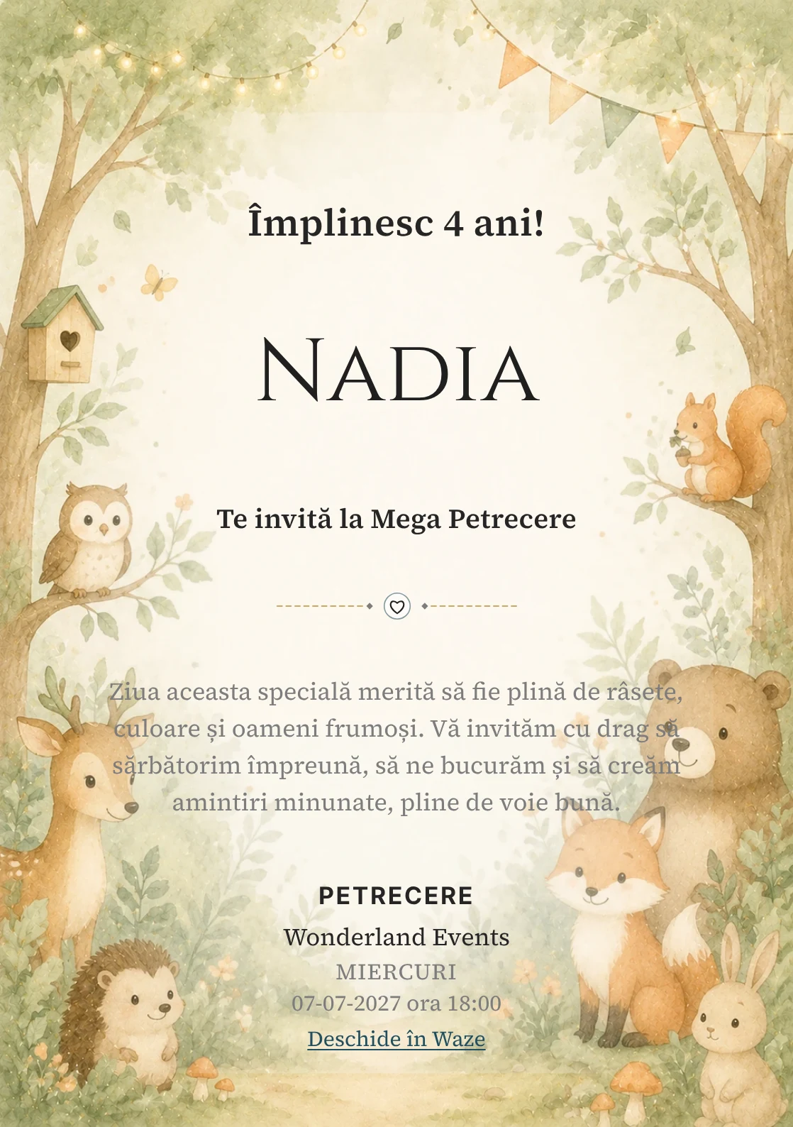 Pădurea Prietenilor – invitație aniversară pentru copii, cu animale blânde, copaci moi și verde salvie.