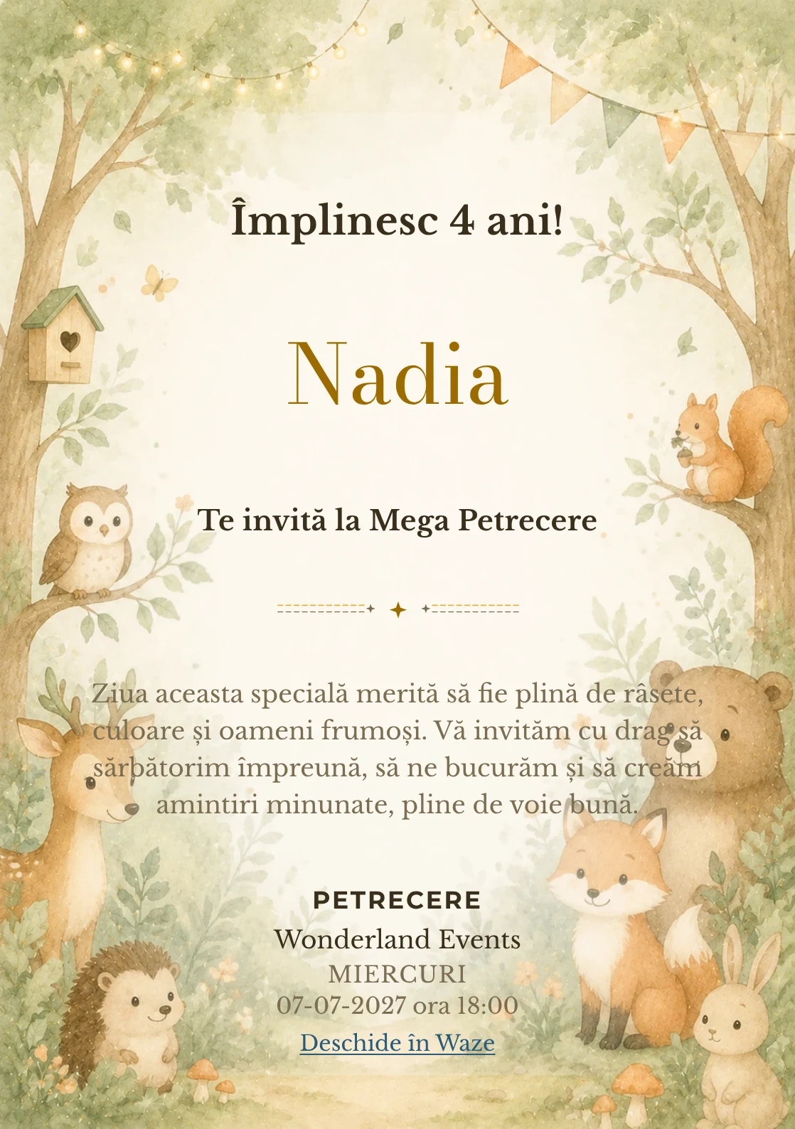Pădurea Prietenilor – invitație aniversară pentru copii, cu animale blânde, copaci moi și verde salvie.