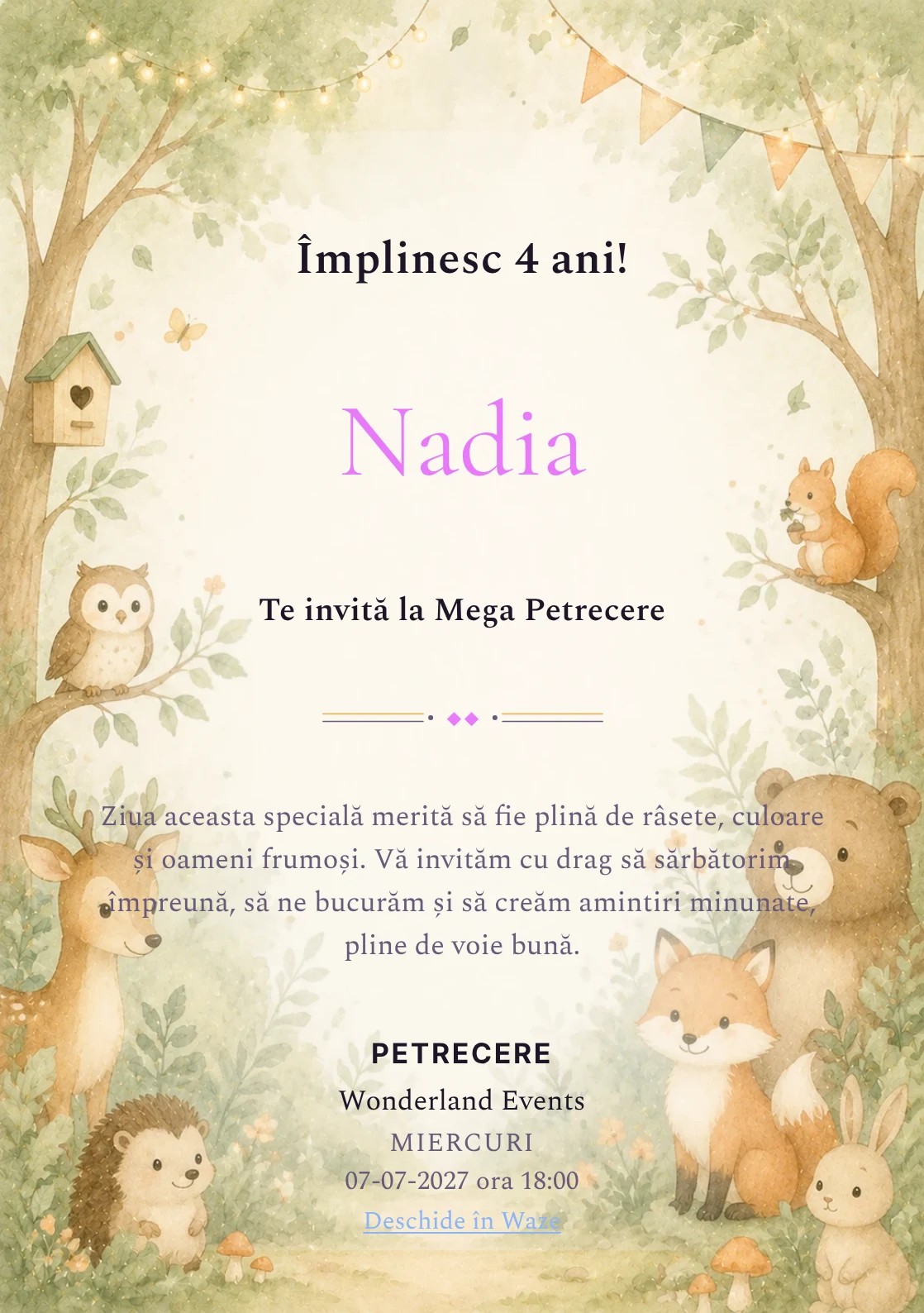 Pădurea Prietenilor – invitație aniversară pentru copii, cu animale blânde, copaci moi și verde salvie.
