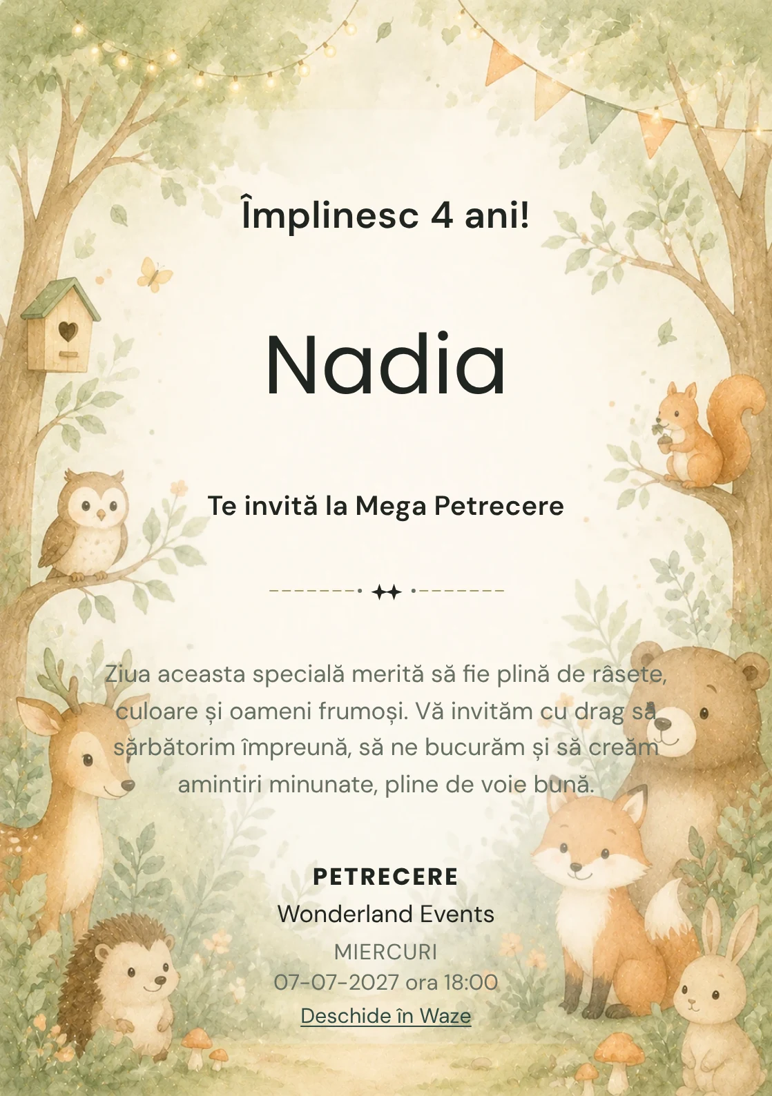 Pădurea Prietenilor – invitație aniversară pentru copii, cu animale blânde, copaci moi și verde salvie.