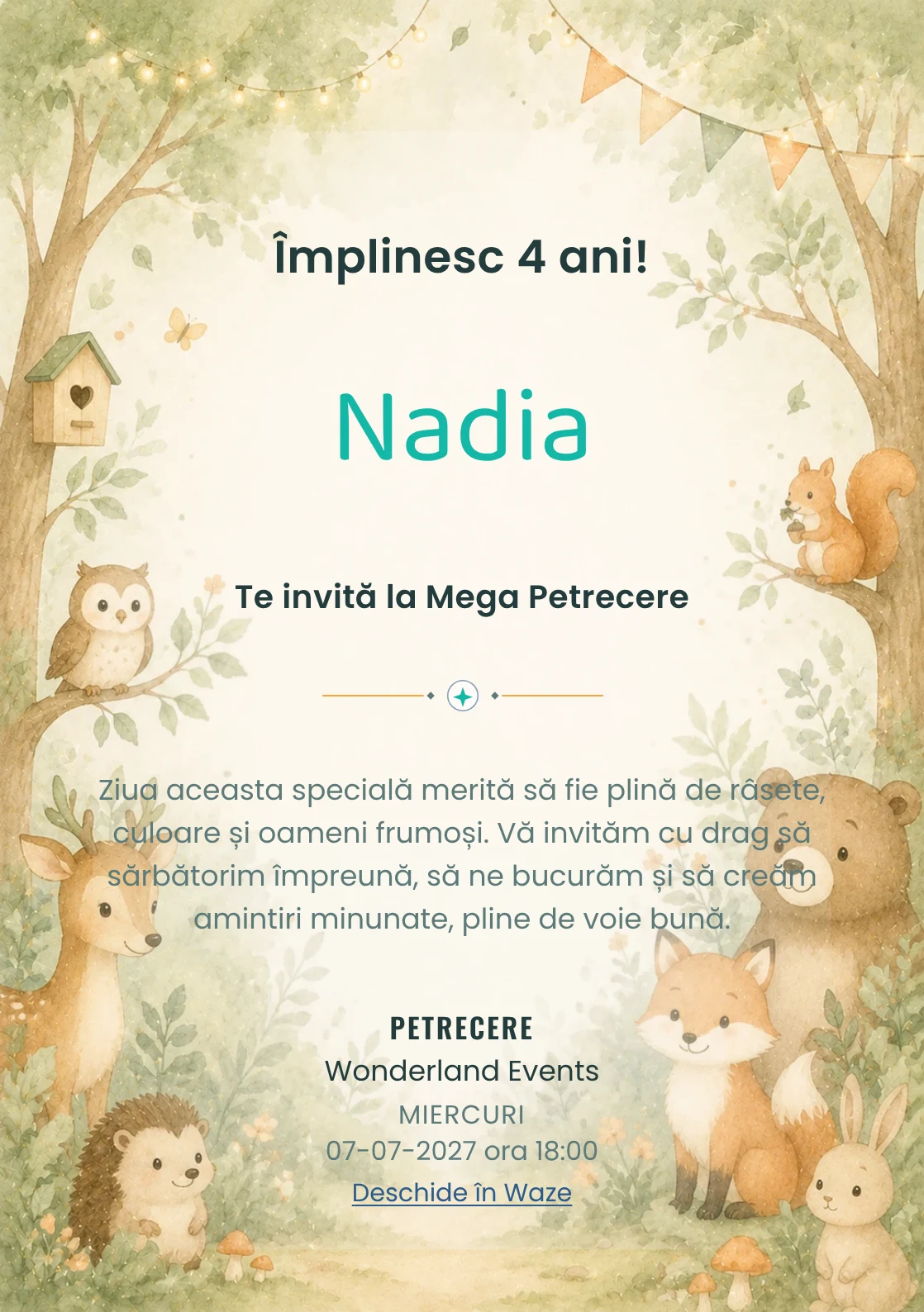 Pădurea Prietenilor – invitație aniversară pentru copii, cu animale blânde, copaci moi și verde salvie.