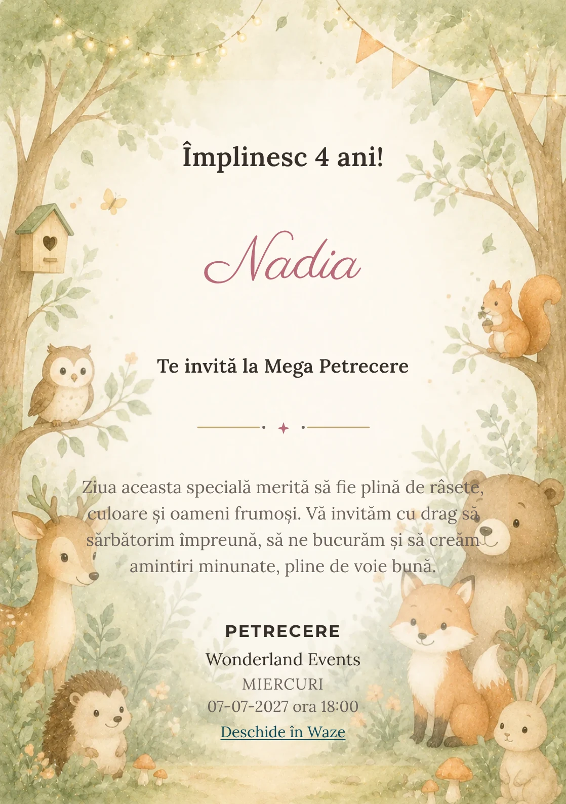 Pădurea Prietenilor – invitație aniversară pentru copii, cu animale blânde, copaci moi și verde salvie.
