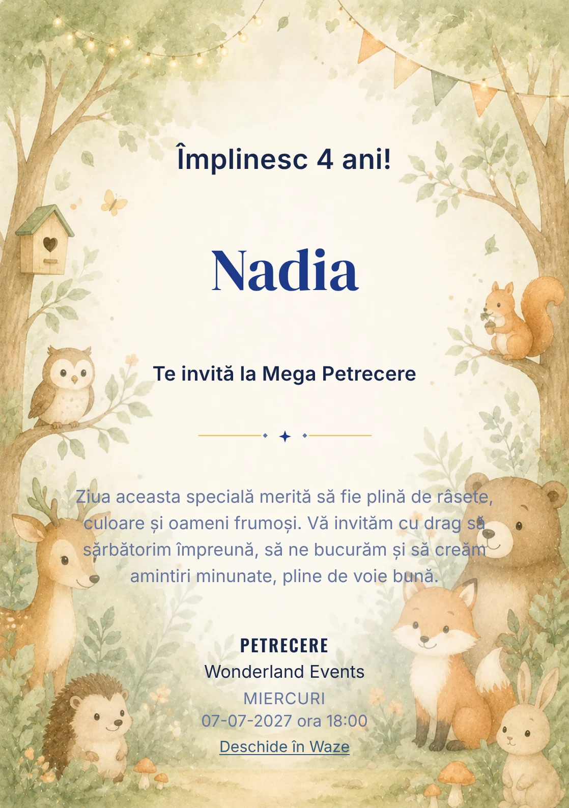 Pădurea Prietenilor – invitație aniversară pentru copii, cu animale blânde, copaci moi și verde salvie.