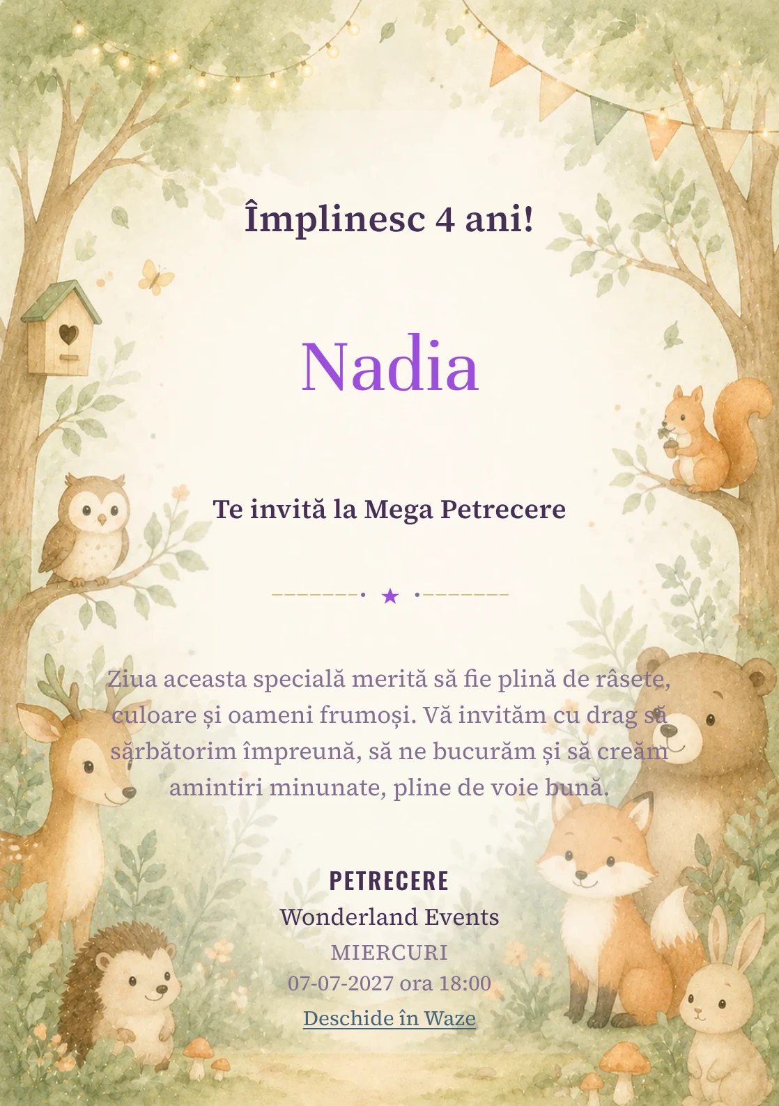Pădurea Prietenilor – invitație aniversară pentru copii, cu animale blânde, copaci moi și verde salvie.