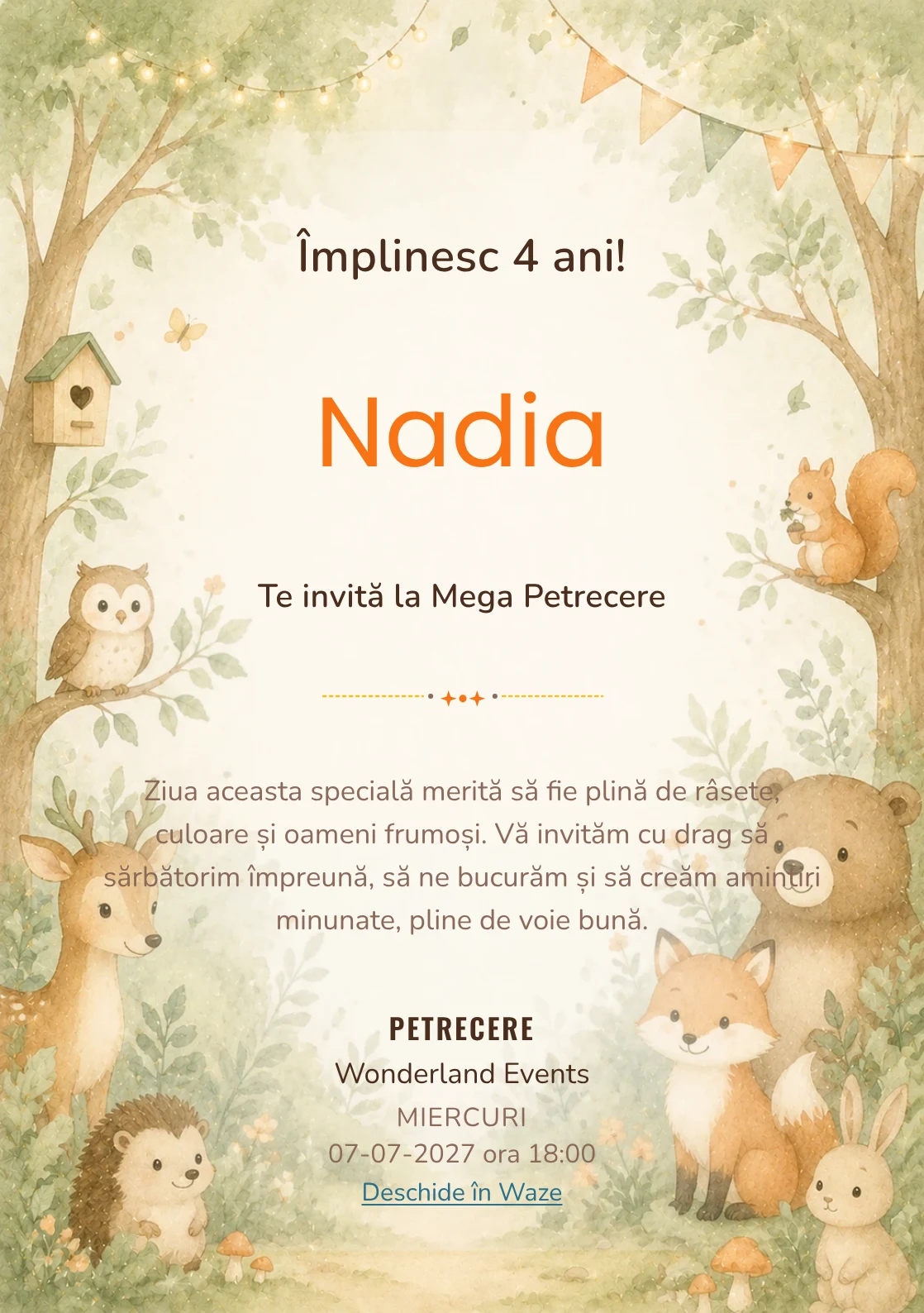 Pădurea Prietenilor – invitație aniversară pentru copii, cu animale blânde, copaci moi și verde salvie.
