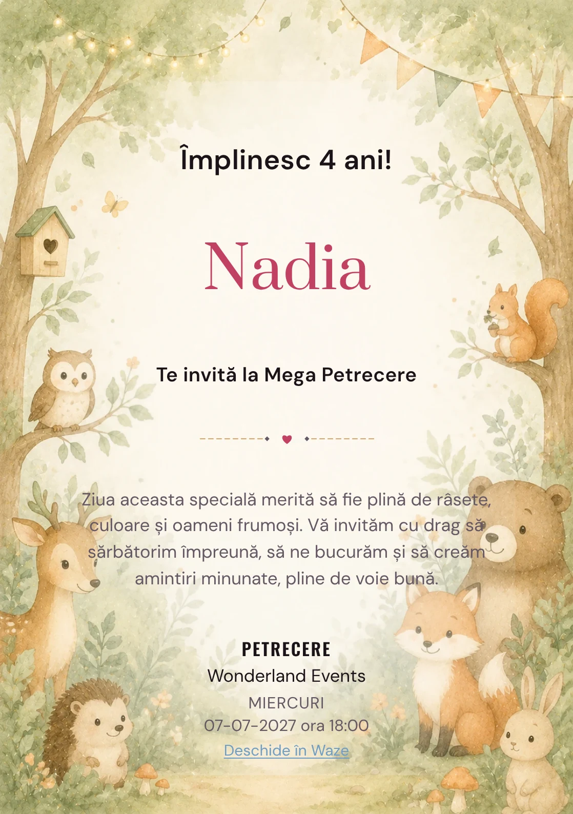 Pădurea Prietenilor – invitație aniversară pentru copii, cu animale blânde, copaci moi și verde salvie.