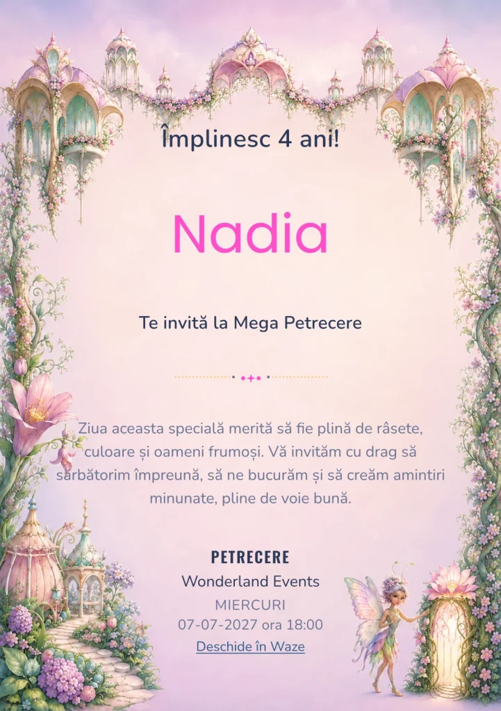 Invitație la zi de naștere Palatul Florilor pentru copii, cu o gardiană-fluture, fără coroană sau rochie recognoscibilă.