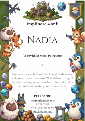 Invitație la zi de naștere Palworld – Insula Prietenilor Fantastici pentru copii, cu creaturi fantastice, insulă, obiecte de explorare și elemente de joc.
