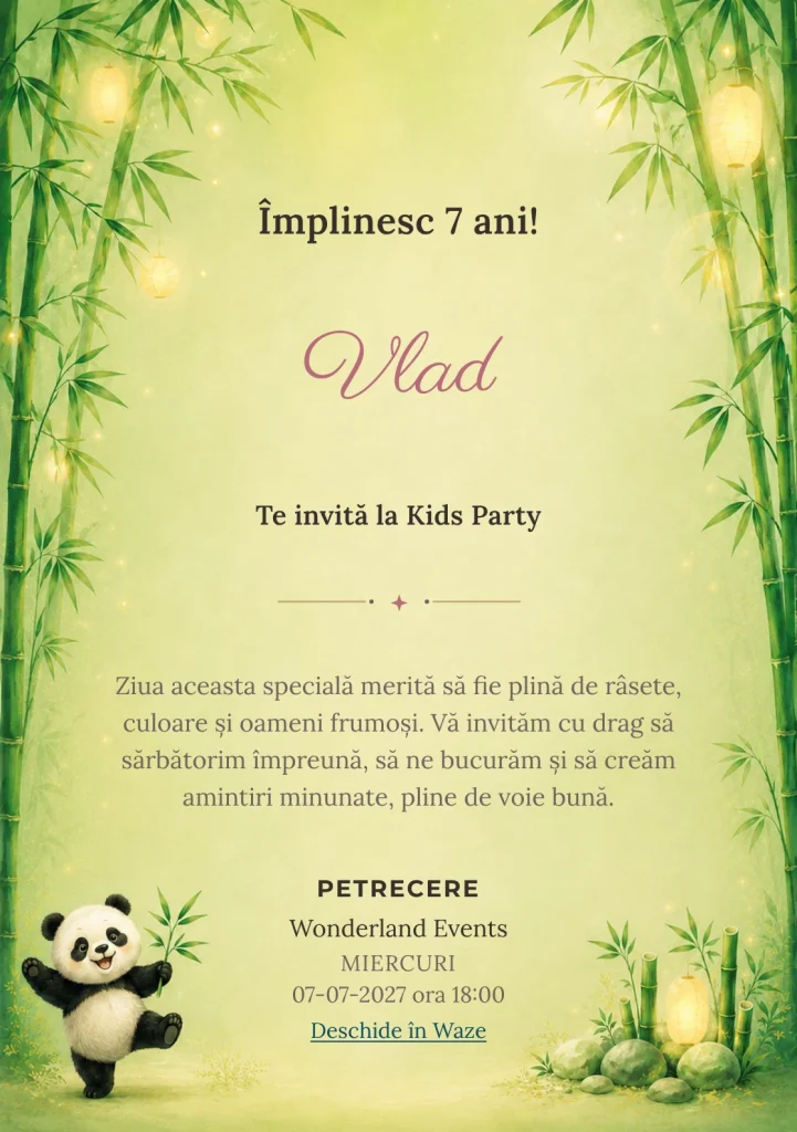 Invitație la zi de naștere Panda din Bambus pentru copii, cu un panda stilizat într-o poziție veselă.