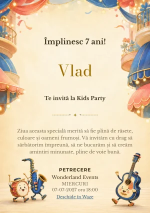 Parada Instrumentelor, invitație de zi de naștere pentru copii, cu o tobă, un saxofon și o chitară cu design.