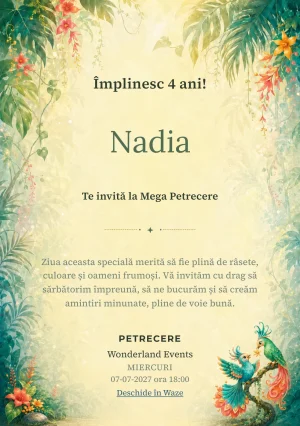 Păsările Paradisului, invitație de zi de naștere pentru copii, cu două păsări fantastice cu penaj și ne-naturalist.