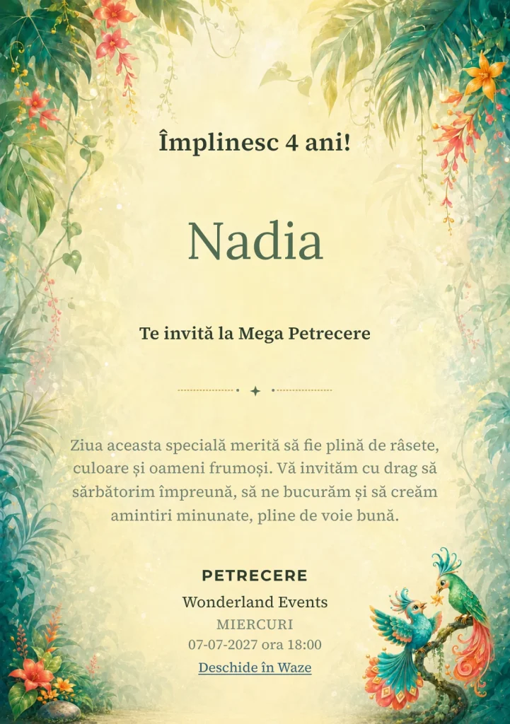 Păsările Paradisului, invitație de zi de naștere pentru copii, cu două păsări fantastice cu penaj și ne-naturalist.