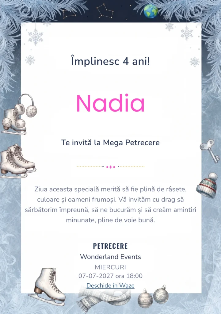 Invitație la ziua de naștere Patinaj – Magia pe Gheață pentru copii, cu patine, zăpadă, gheață și elemente decorative de iarnă.