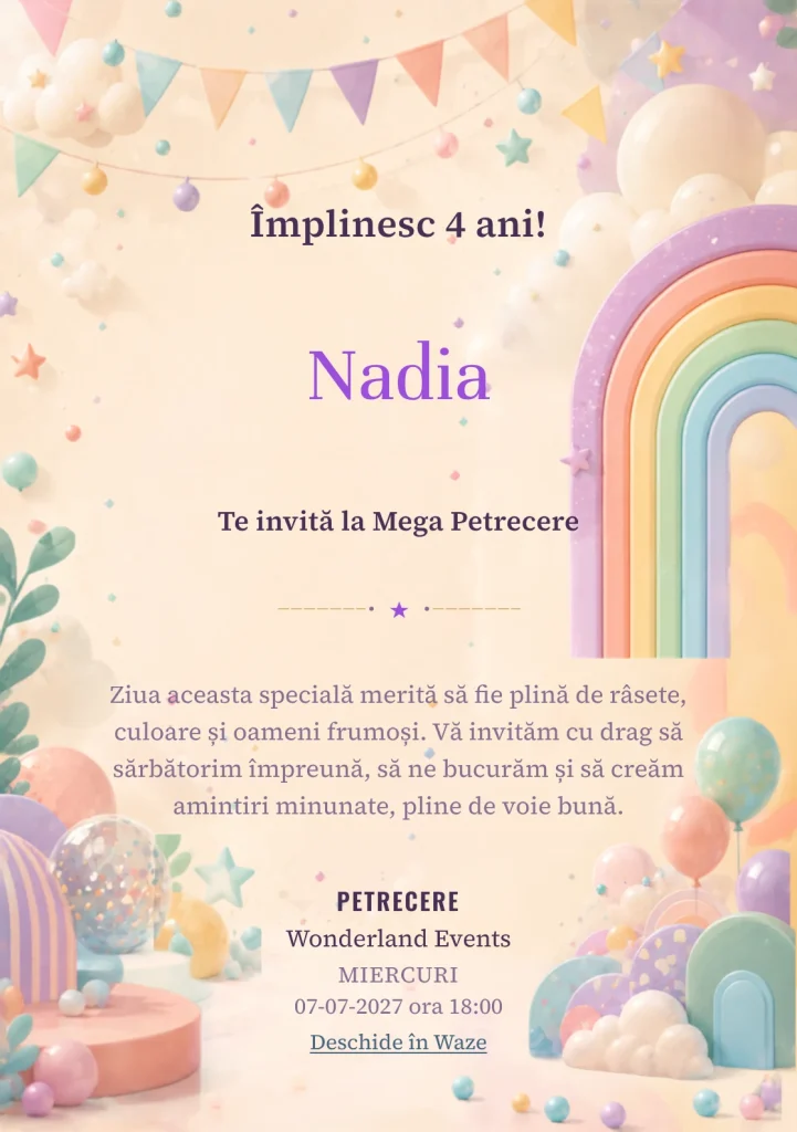 Petrecerea Curcubeu Pastel – invitație aniversară pentru copii, cu un curcubeu geometric și nori decorativi.