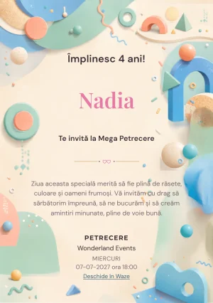 Modelul Petrecerea Formelor, invitație de zi de naștere pentru copii, prezintă forme tridimensionale distribuite periferic.