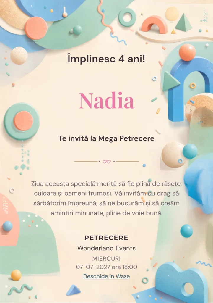 Modelul Petrecerea Formelor, invitație de zi de naștere pentru copii, prezintă forme tridimensionale distribuite periferic.