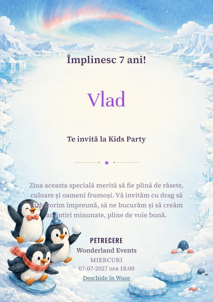 Pinguinii Poznași, invitație de zi de naștere pentru copii, cu trei pinguini cu accesorii festive simple.