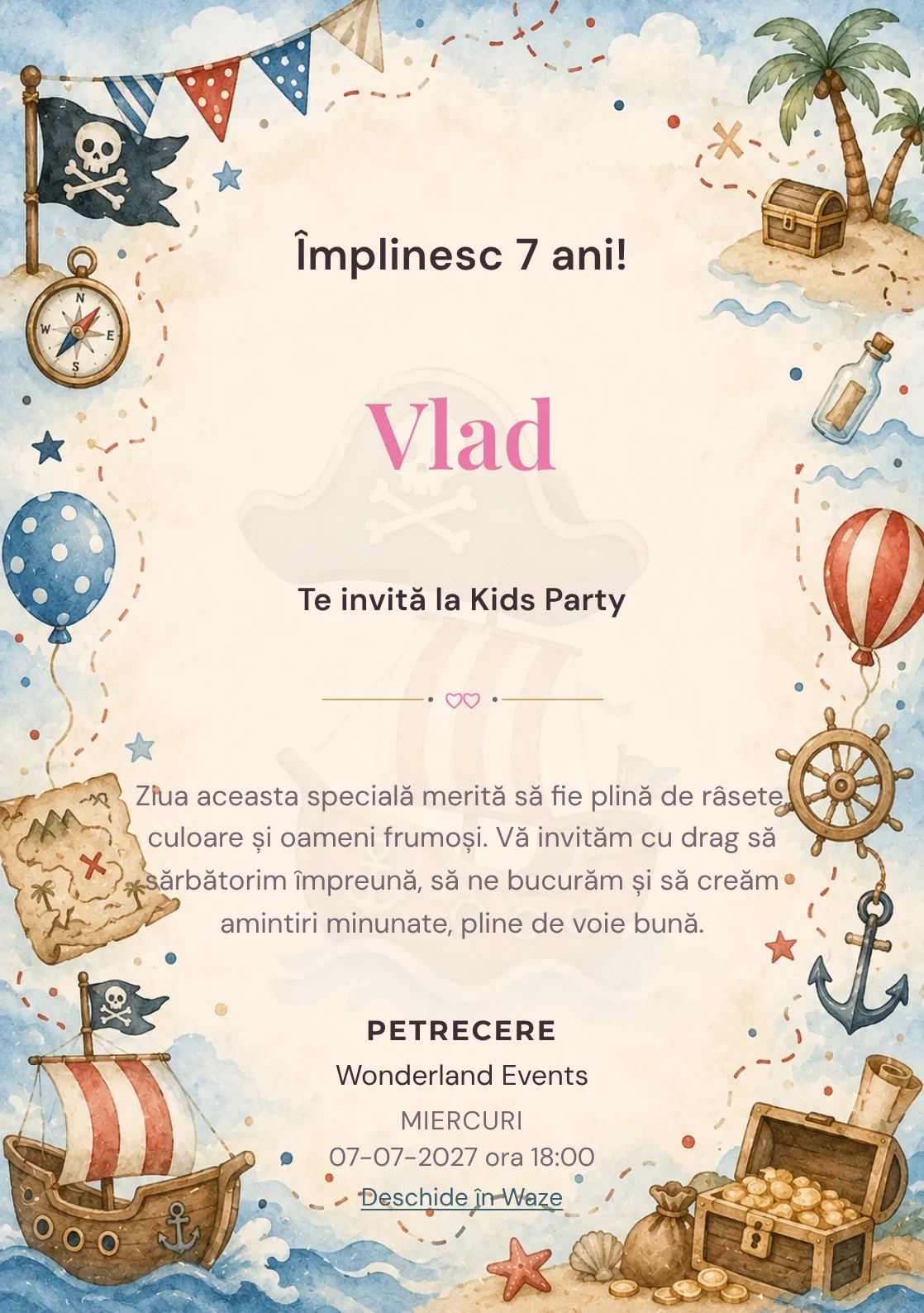 Modelul Pirați Jucăuși, invitație de zi de naștere pentru copii, prezintă o hartă de aventură, corăbioară și comori mici.