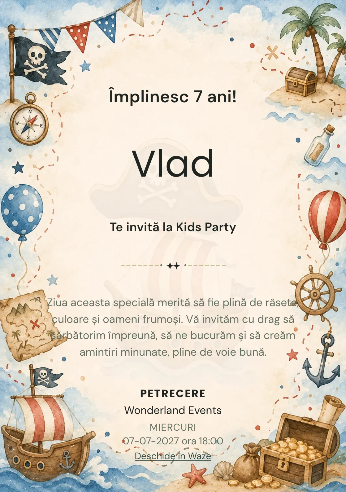 Modelul Pirați Jucăuși, invitație de zi de naștere pentru copii, prezintă o hartă de aventură, corăbioară și comori mici.