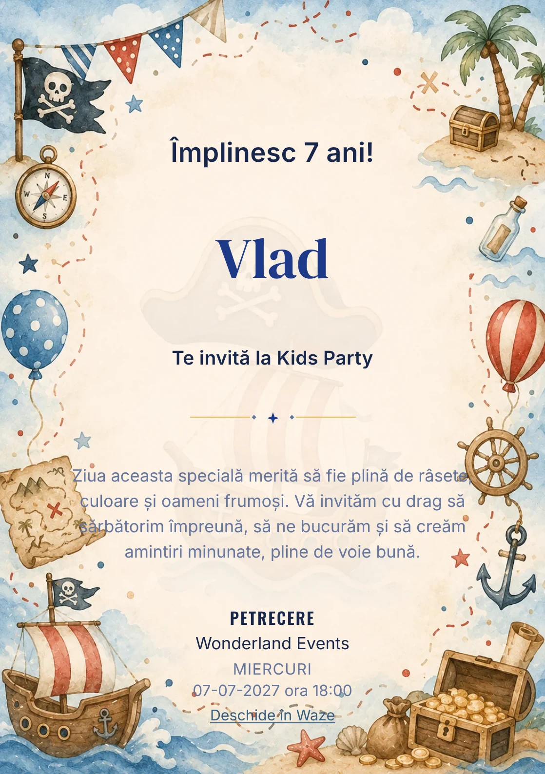 Modelul Pirați Jucăuși, invitație de zi de naștere pentru copii, prezintă o hartă de aventură, corăbioară și comori mici.