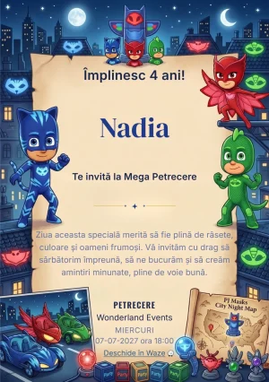 PJ Masks – Eroii Nopții, invitație de zi de naștere pentru copii, cu eroi copii costumați, oraș nocturn și elemente de misiune.