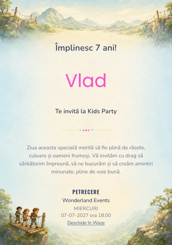 Podul Aventurierilor, invitație de zi de naștere pentru copii, cu o echipă de copii care traversează în siguranță.