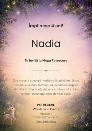 Invitație digitală Poiana Licuricilor pentru ziua de naștere a copiilor, cu licurici stilizați și o căprioară fantastică.