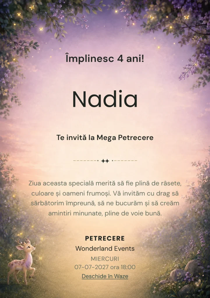 Invitație digitală Poiana Licuricilor pentru ziua de naștere a copiilor, cu licurici stilizați și o căprioară fantastică.
