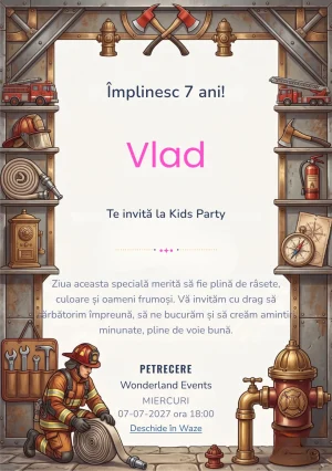 Pompierul Curajos – Misiunea de Salvare – invitație aniversară pentru copii, cu pompier, hidrant, furtunuri și elemente de stație de pompieri.