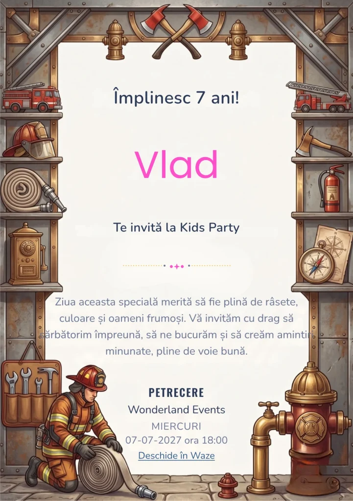 Pompierul Curajos – Misiunea de Salvare – invitație aniversară pentru copii, cu pompier, hidrant, furtunuri și elemente de stație de pompieri.