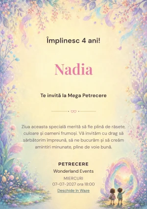 Invitație la ziua de naștere Portalul Fermecat pentru copii, cu două siluete de copii exploratori.