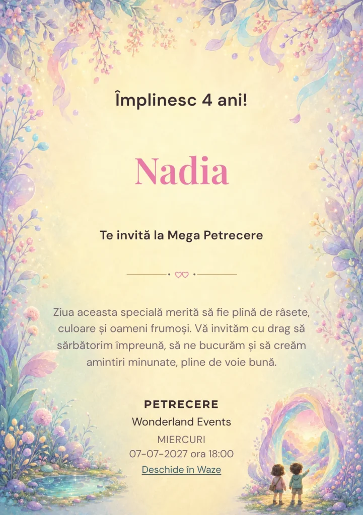 Invitație la ziua de naștere Portalul Fermecat pentru copii, cu două siluete de copii exploratori.