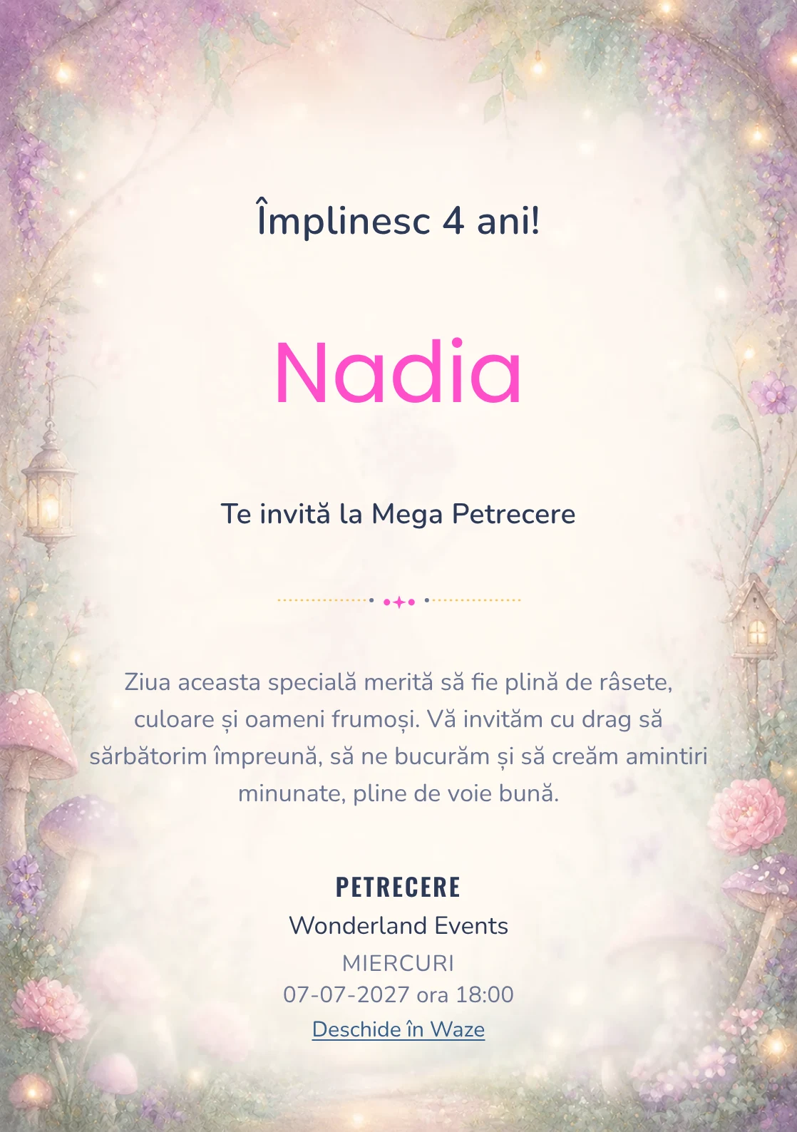 Poveste cu Zâne – invitație aniversară pentru copii, cu o zână transparentă, flori, ciupercuțe și lumini mici.