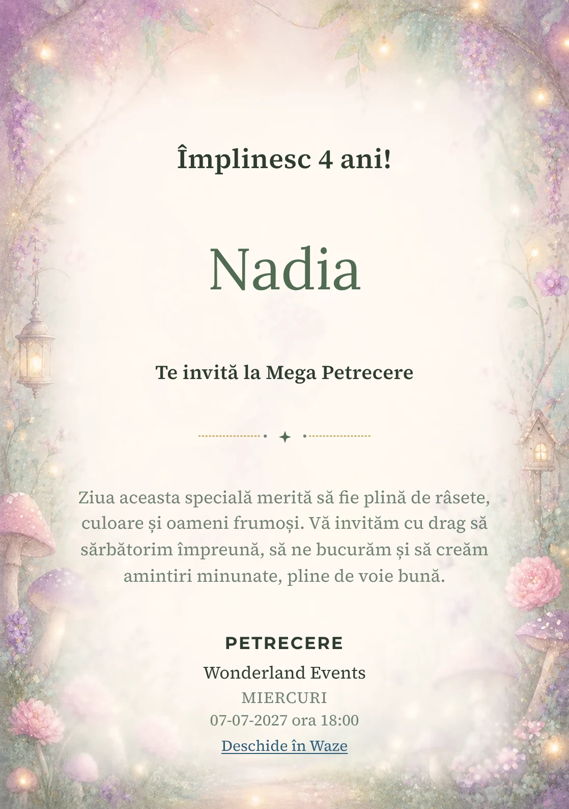 Poveste cu Zâne – invitație aniversară pentru copii, cu o zână transparentă, flori, ciupercuțe și lumini mici.
